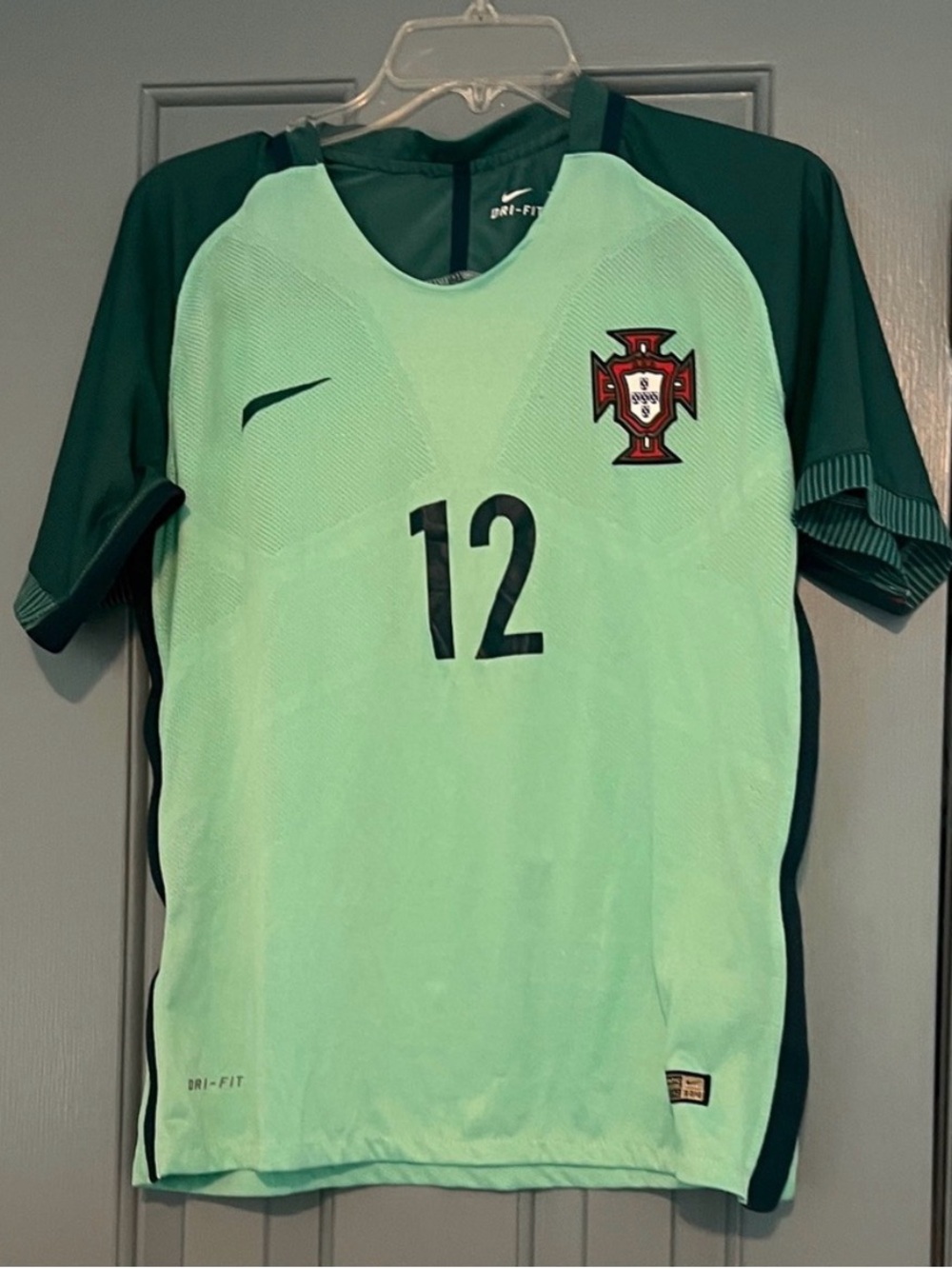 Nike Men's Portugal #12 Mint Green and Dark Green Soccer Jersey